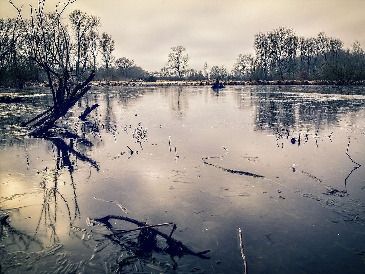 Un río bajo hielo en una garganta rocosa